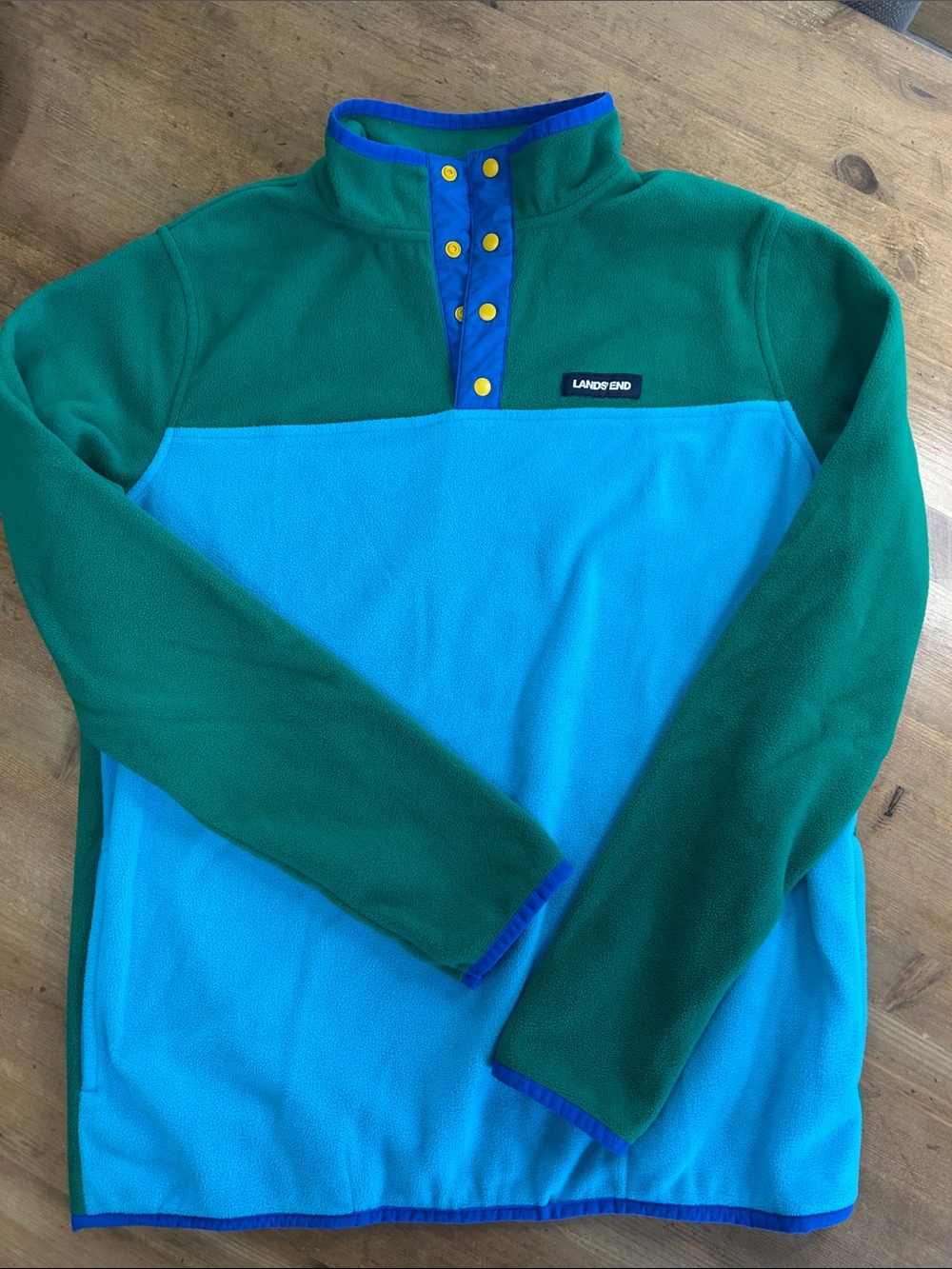 Lands' End Colorblock Fleece Snap Neck Pullover Youth XXL 18-20, Teal & Green